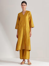 Silk Blend Polka Print  A-Line Kurta Set - Mustard