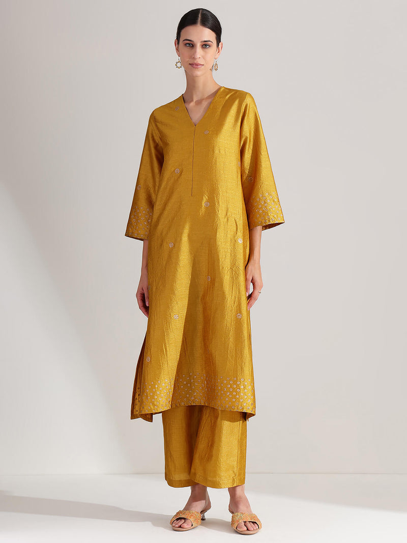 Silk Blend Polka Print  A-Line Kurta Set - Mustard