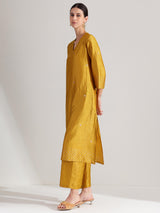 Silk Blend Polka Print  A-Line Kurta Set - Mustard