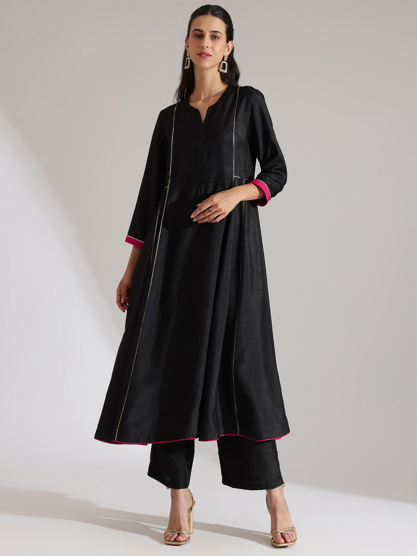 Silk Blend Solid Kurta Set - Black