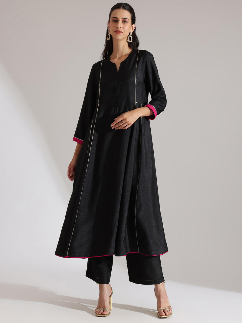 Silk Blend Solid Kurta Set - Black