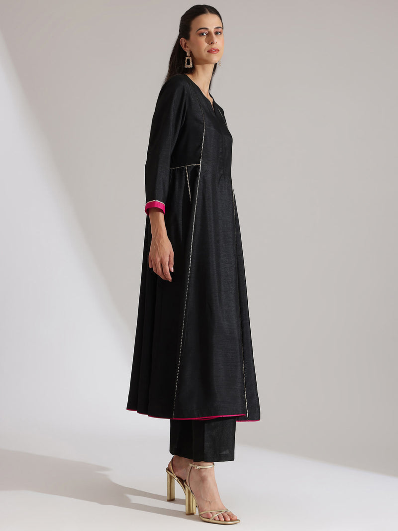 Silk Blend Solid Kurta Set - Black