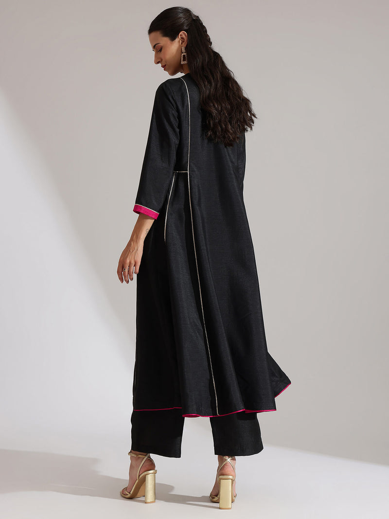 Silk Blend Solid Kurta Set - Black