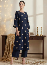 Silk Blend Polka A-line Kurta Set -  Navy Blue & Gold