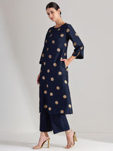 Silk Blend Polka A-line Kurta Set -  Navy Blue & Gold