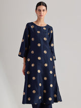 Silk Blend Polka A-line Kurta Set -  Navy Blue & Gold