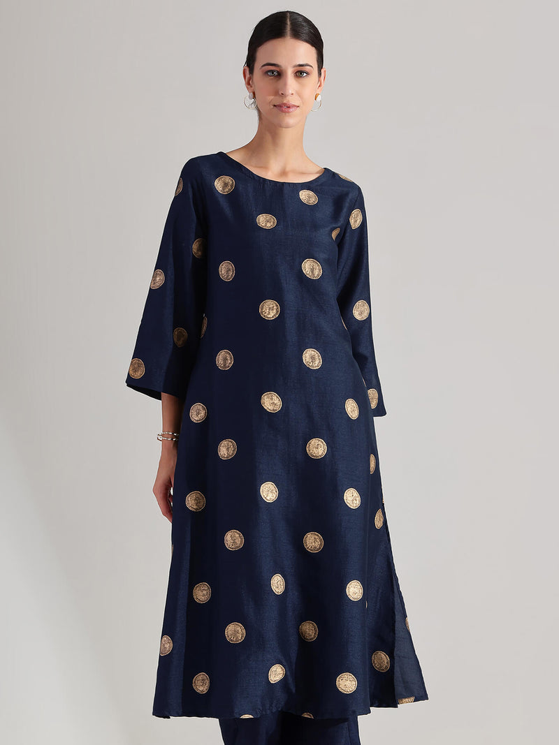 Silk Blend Polka A-line Kurta Set -  Navy Blue & Gold