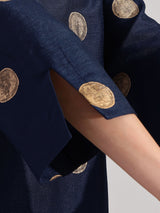 Silk Blend Polka A-line Kurta Set -  Navy Blue & Gold