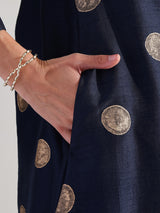 Silk Blend Polka A-line Kurta Set -  Navy Blue & Gold