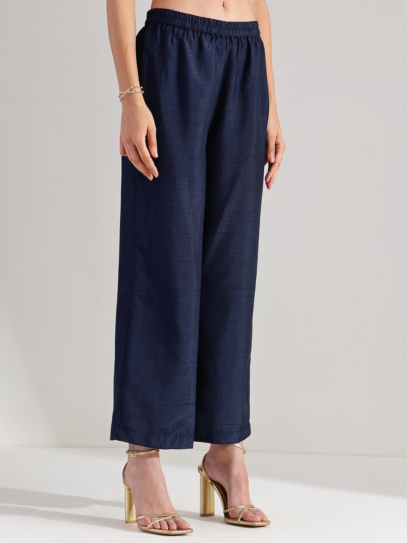 Silk Blend Polka A-line Kurta Set - Navy Blue & Gold