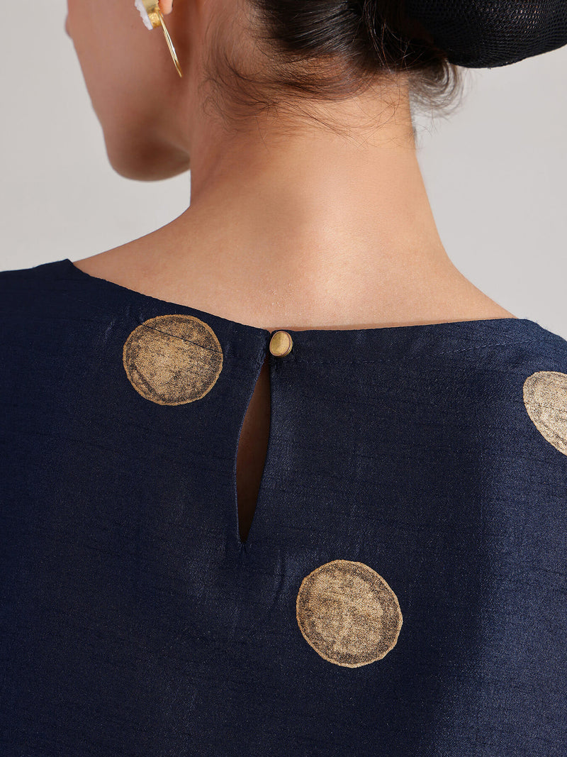 Silk Blend Polka A-line Kurta Set -  Navy Blue & Gold