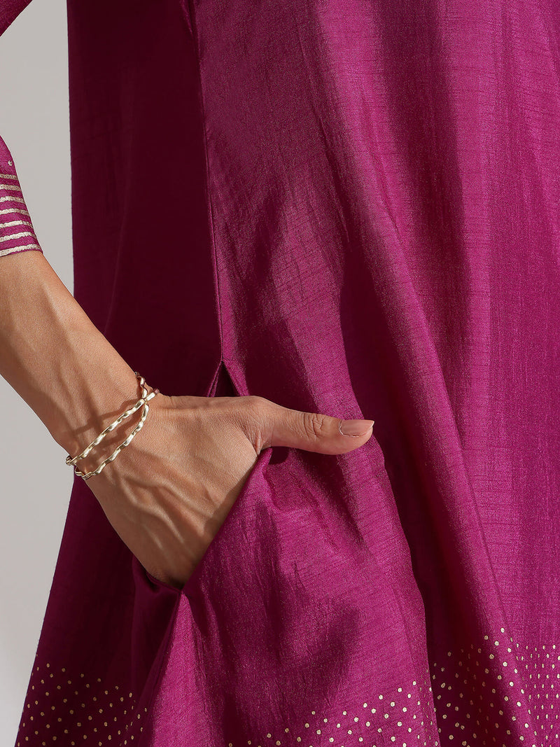 Silk Blend Abstract Print Kurta Set -  Purple