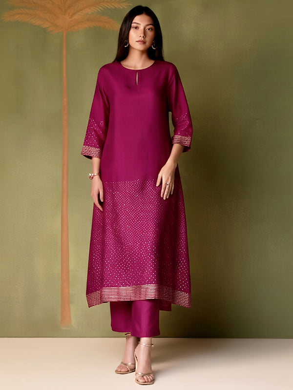 Silk Blend Abstract Print Kurta Set -  Purple