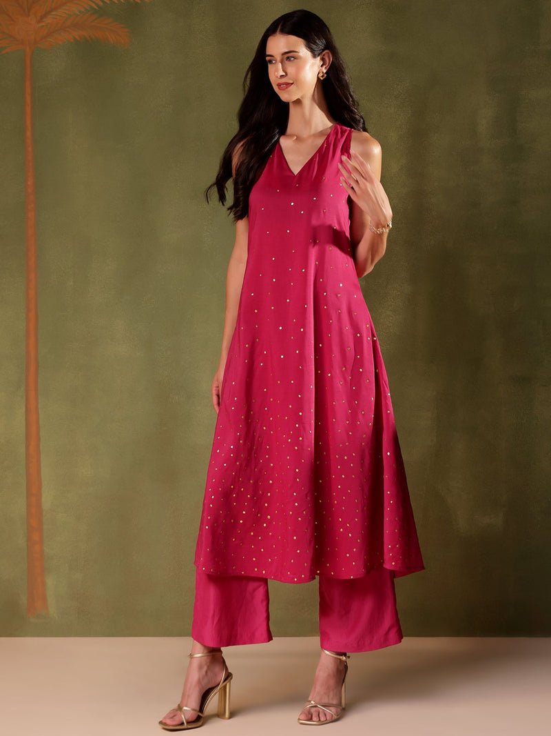 Silk Blend Abstract Print Sleeveless Kurta Set - Pink