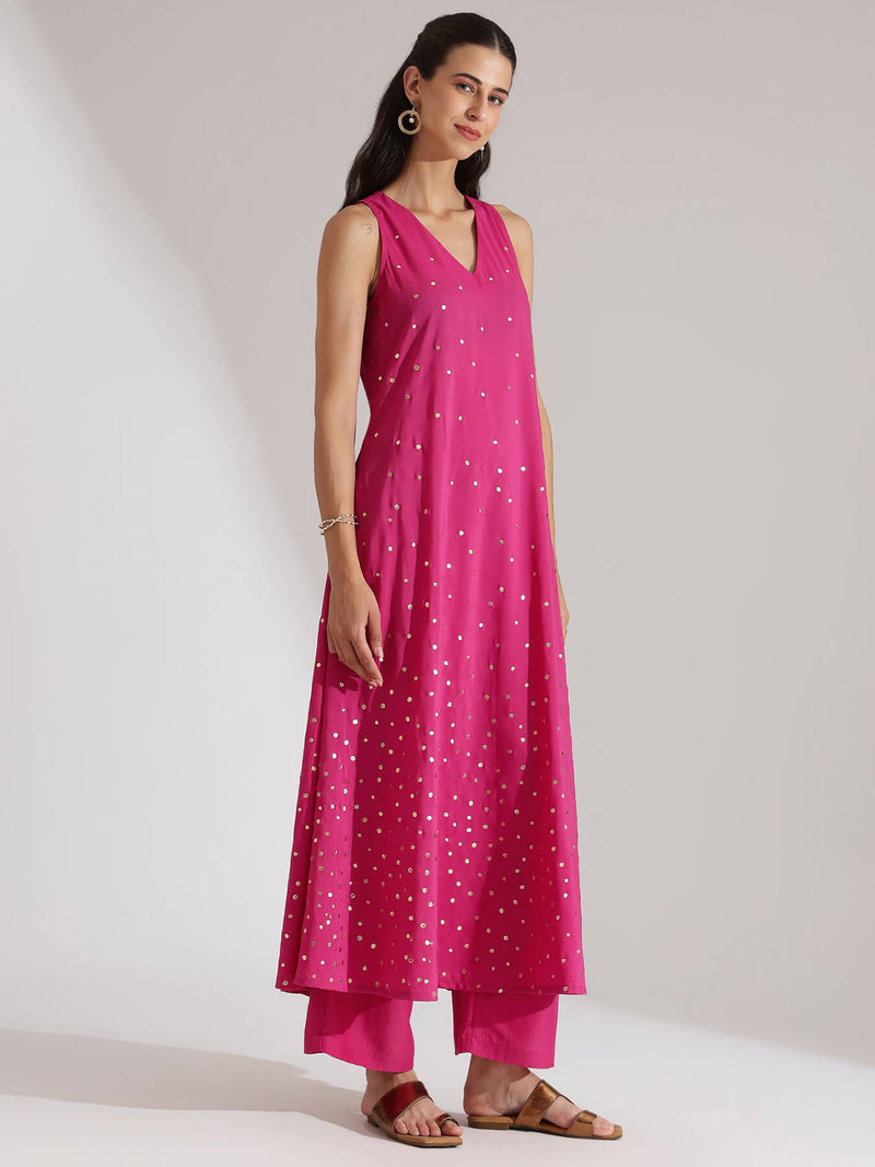 Silk Blend Abstract Print Sleeveless Kurta Set - Pink