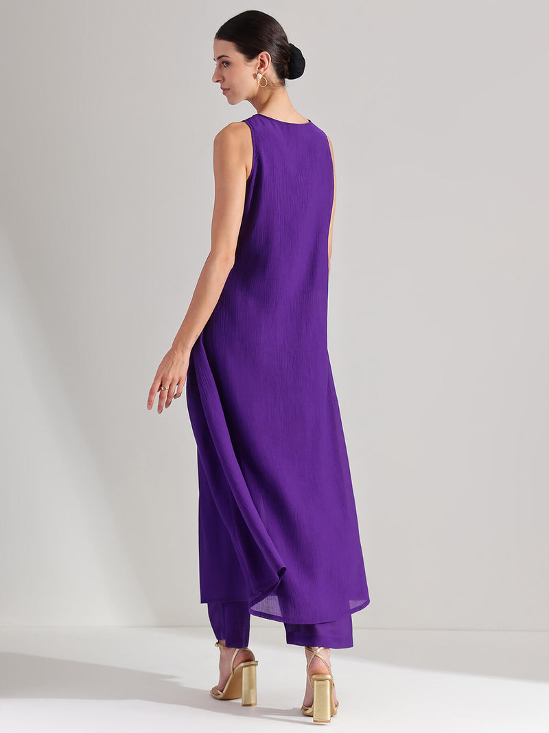 Chiffon V-Neck Sleevless Kurta Set - Purple