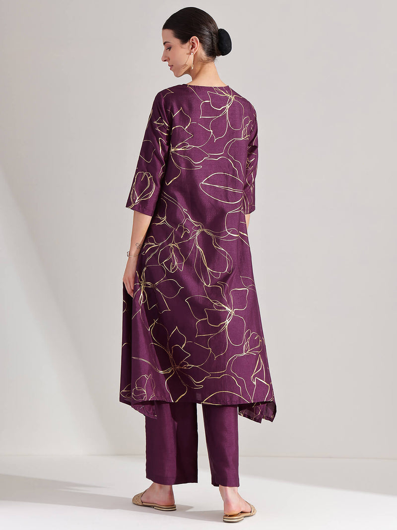 Silk Blend Abstract Print Kurta Set - Purple