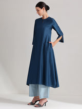 Silk Blend Solid A-Line Kurta Set - Teal