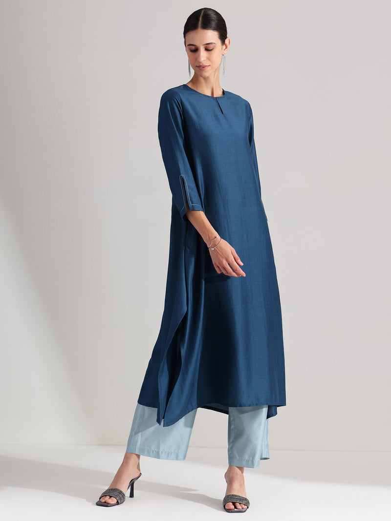Silk Blend Solid A-Line Kurta Set - Teal