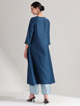 Silk Blend Solid A-Line Kurta Set - Teal