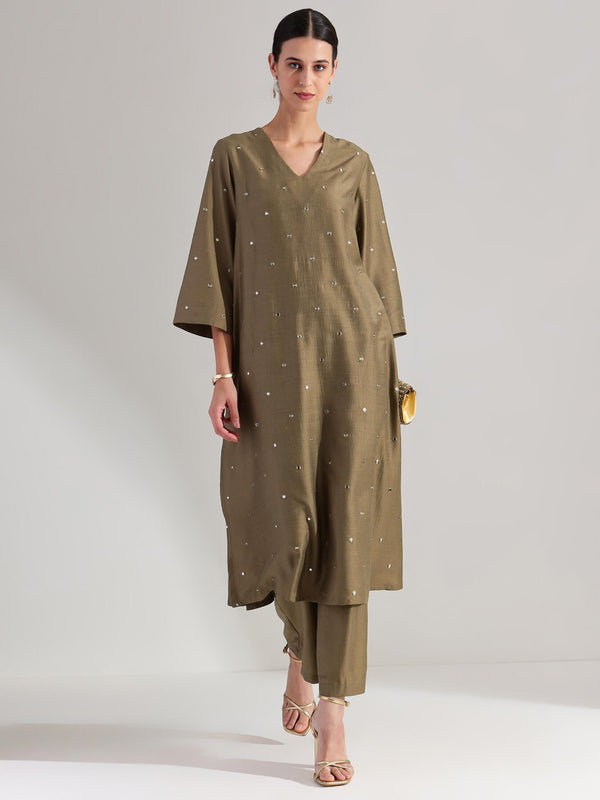 Silk Blend V-Neck Mirror Work Kurta Set - Olive