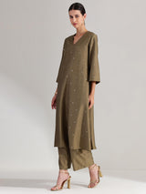 Silk Blend V-Neck Mirror Work Kurta Set - Olive