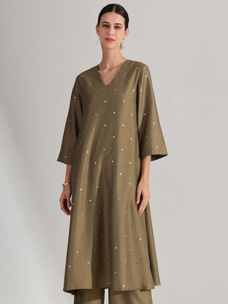 Silk Blend V-Neck Mirror Work Kurta Set - Olive