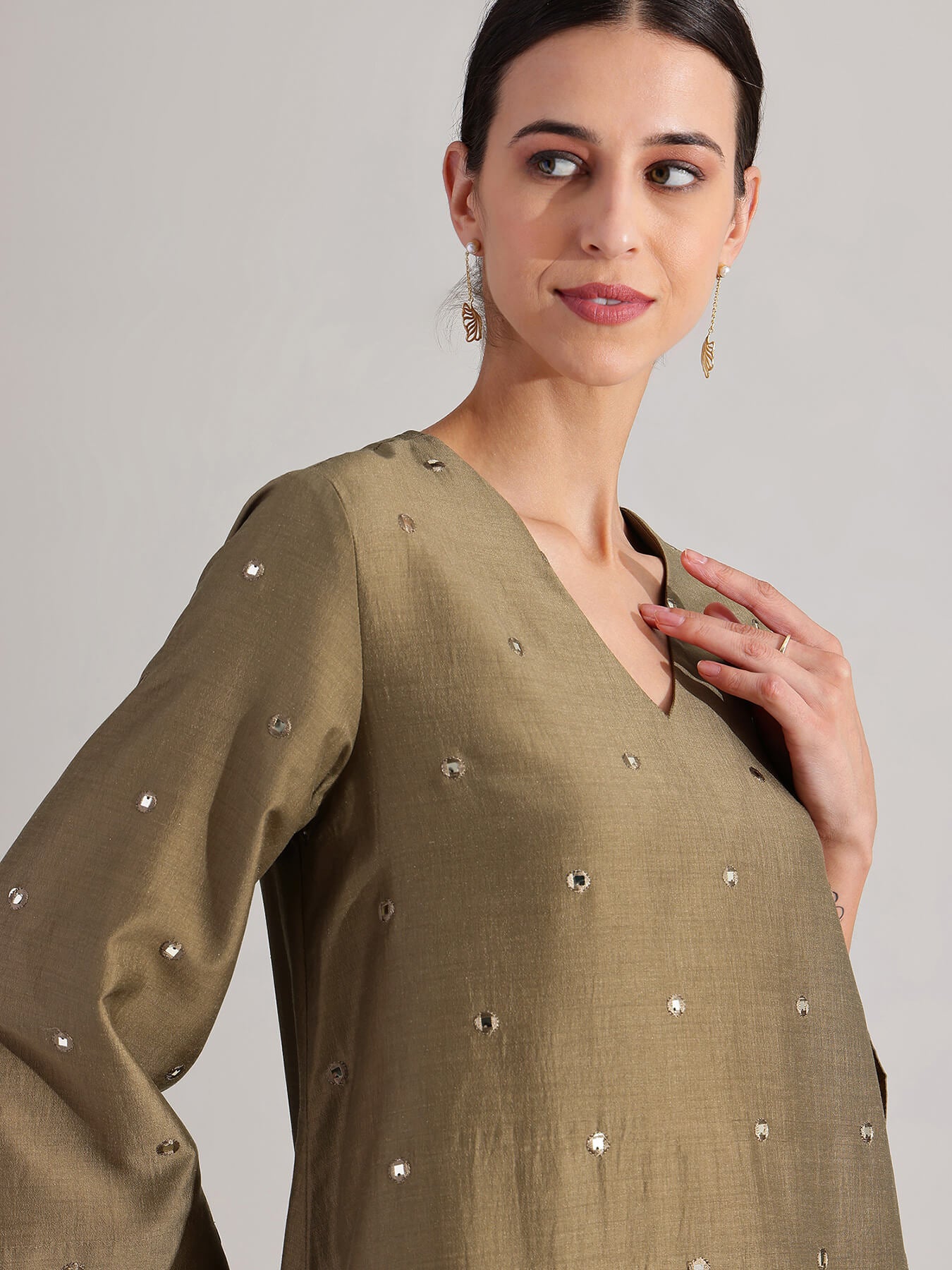 Silk Blend V-Neck Mirror Work Kurta Set - Olive
