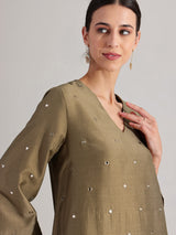 Silk Blend V-Neck Mirror Work Kurta Set - Olive