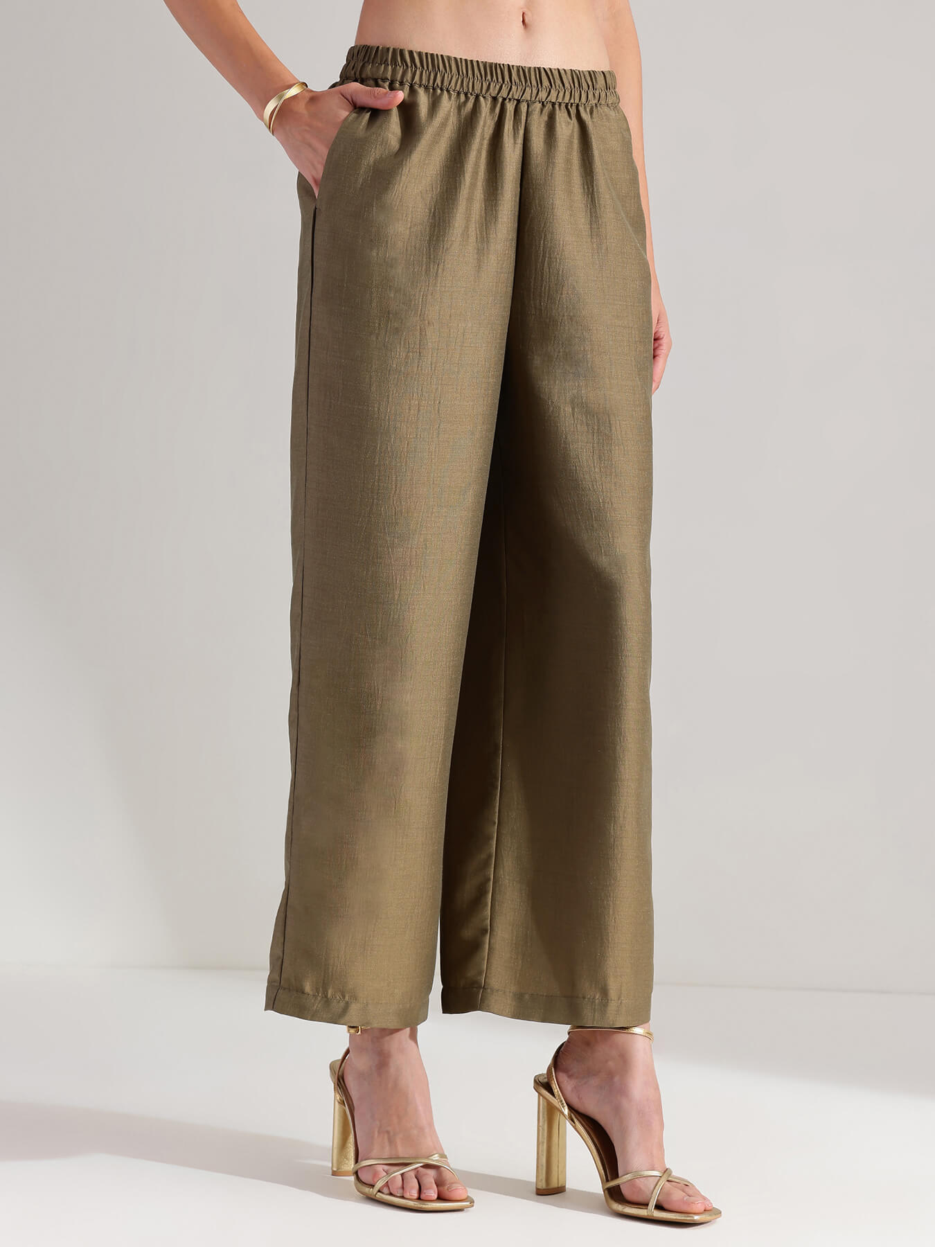 Silk Blend V-Neck Mirror Work Kurta Set - Olive