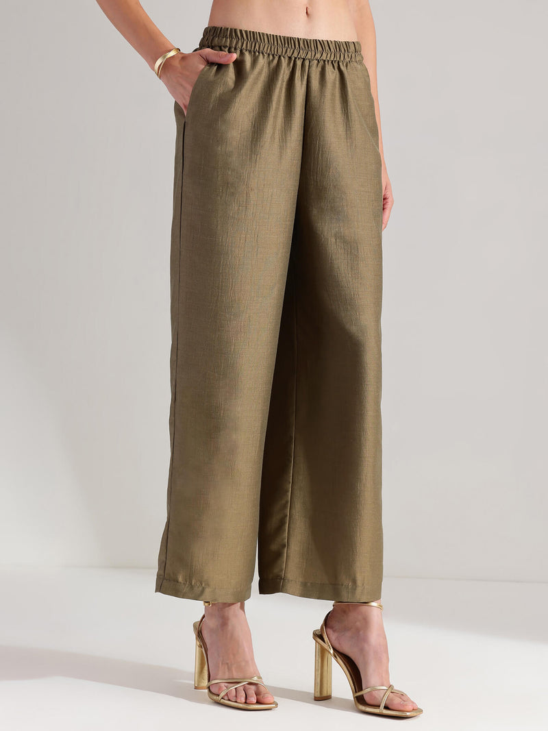 Silk Blend V-Neck Mirror Work Kurta Set - Olive