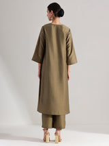 Silk Blend V-Neck Mirror Work Kurta Set - Olive
