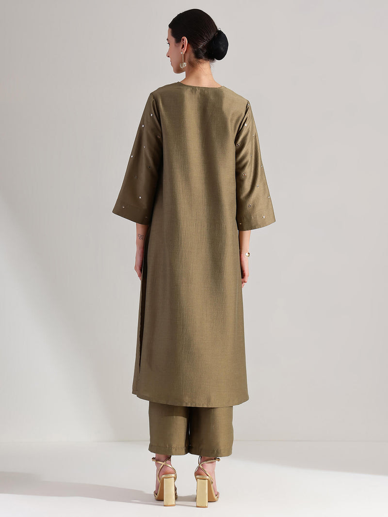 Silk Blend V-Neck Mirror Work Kurta Set - Olive