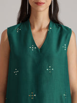 Silk Blend Mirror Work Sleeveless Kurta Set - Teal