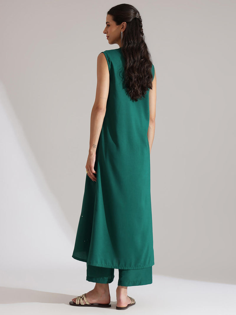 Silk Blend Mirror Work Sleeveless Kurta Set - Teal