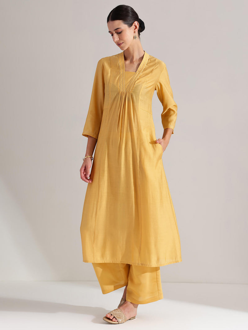 Silk Blend Solid A-line Kurta Set - Yellow