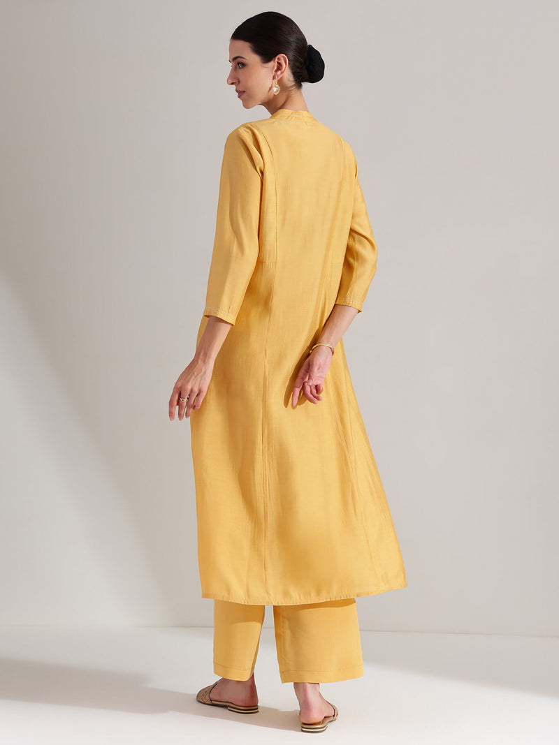 Silk Blend Solid A-line Kurta Set - Yellow