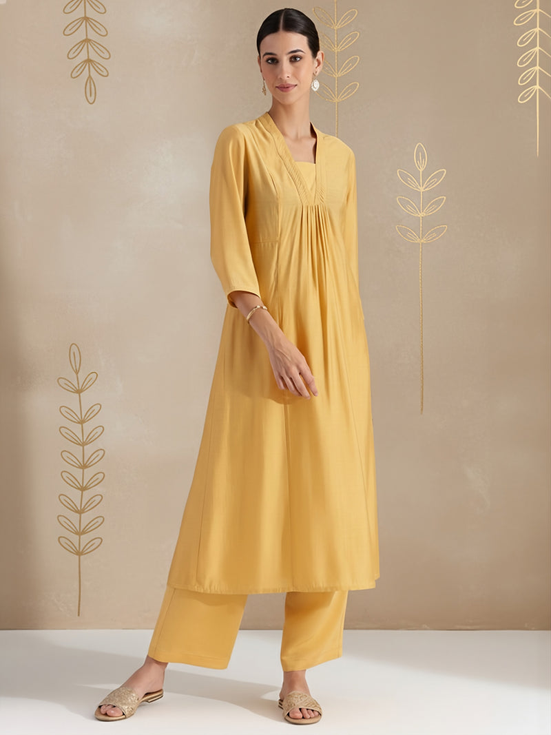 Silk Blend Solid A-line Kurta Set - Yellow