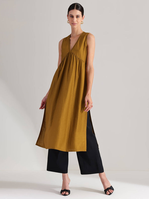 Silk Blend Solid Sleeveless Kurta Set - Mustard & Black