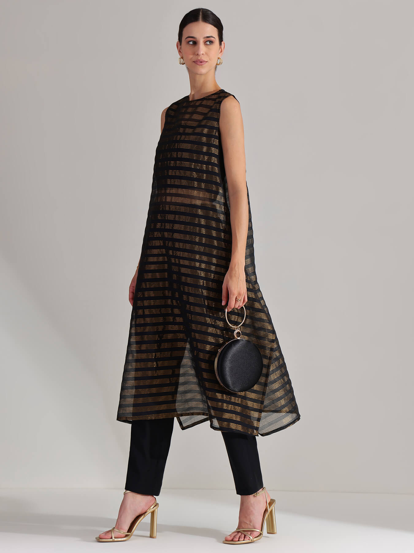 Viscose Striped Sleeveless Kurta Set - Black