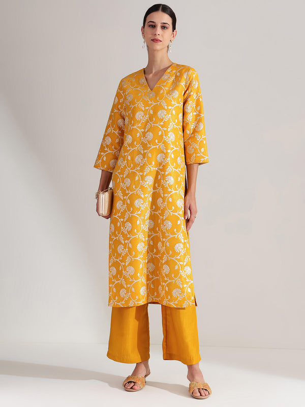 Brocade Floral Kurta Set - Yellow & Gold