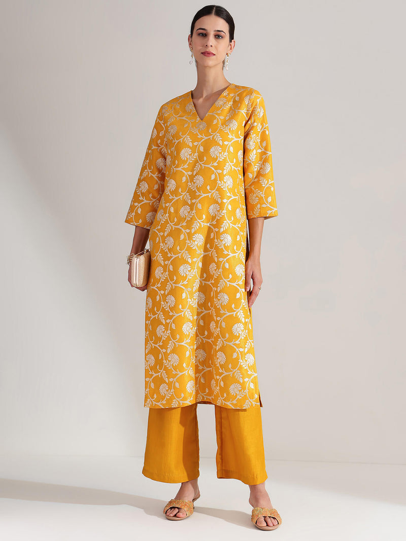 Brocade Floral Kurta Set - Yellow & Gold