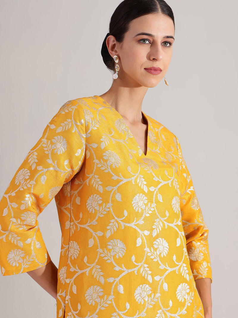 Brocade Floral Kurta Set - Yellow & Gold