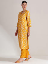 Brocade Floral Kurta Set - Yellow & Gold