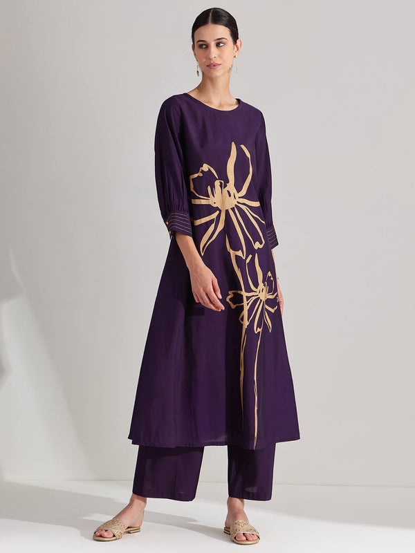 Silk Blend Floral Kurta Set - Purple