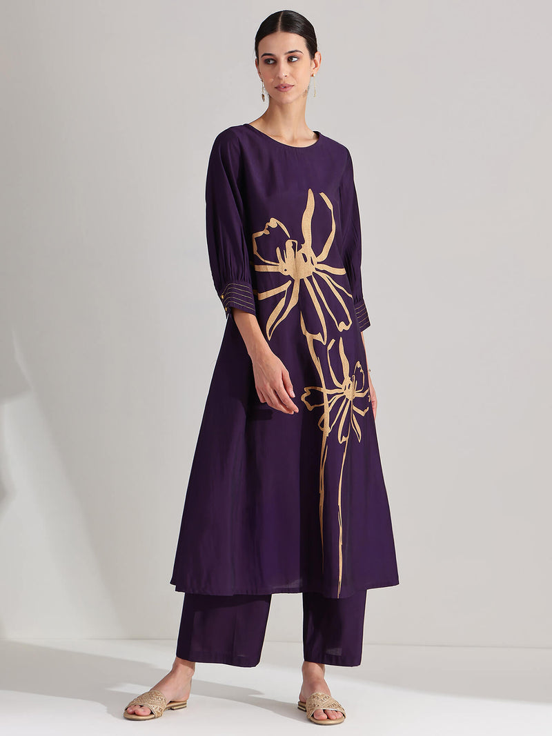 Silk Blend Floral Kurta Set - Purple