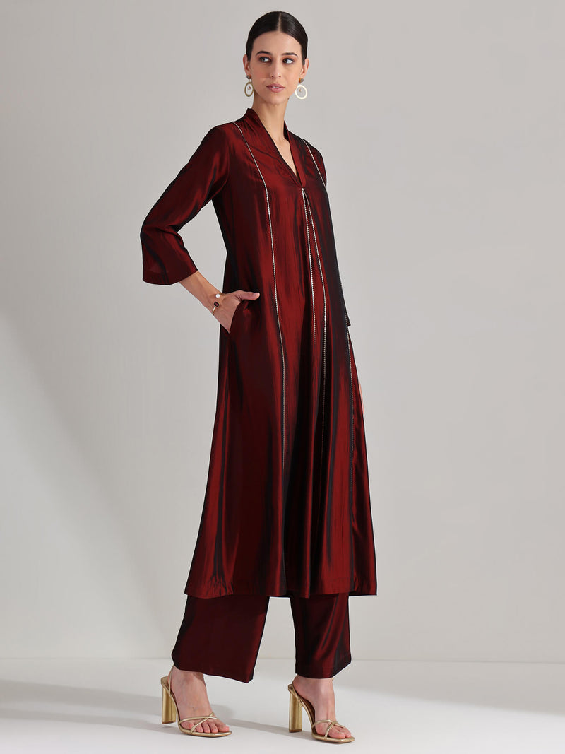 Silk Blend Solid Kurta Set - Maroon