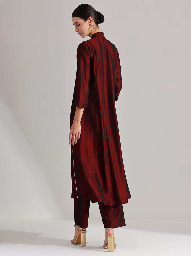 Silk Blend Solid Kurta Set - Maroon