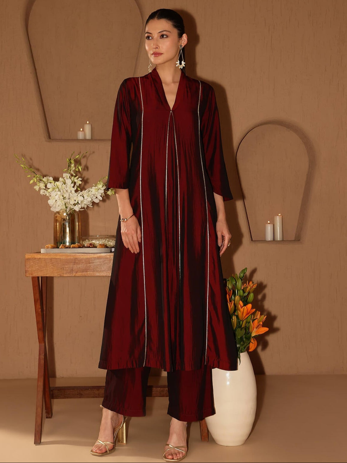 Silk Blend Solid Kurta Set - Maroon