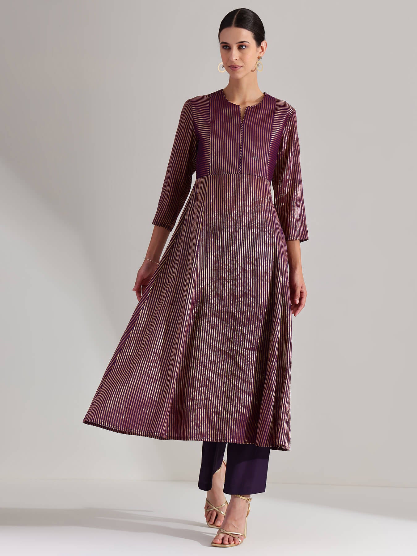 Viscose Striped Kurta Set - Purple & Gold